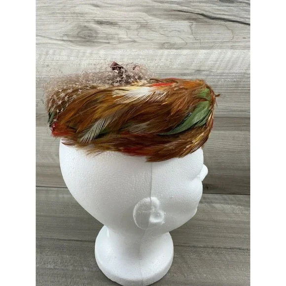 1950s VTG Feather Turban Hat by Mr. Michael Exclusive Satin Bow Multicolor Retro